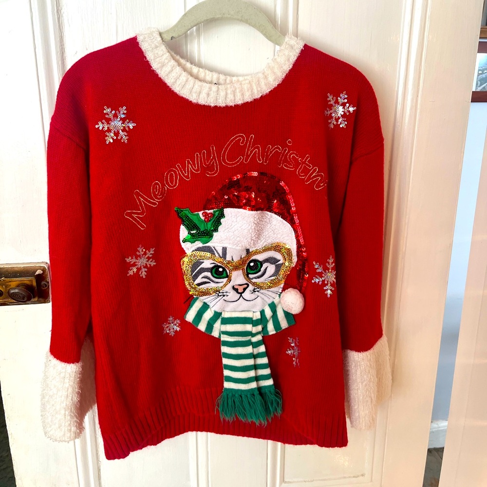 Ugly Christmas Sweater Meowy Christmas Santa Cat with Glasses Red Sweater